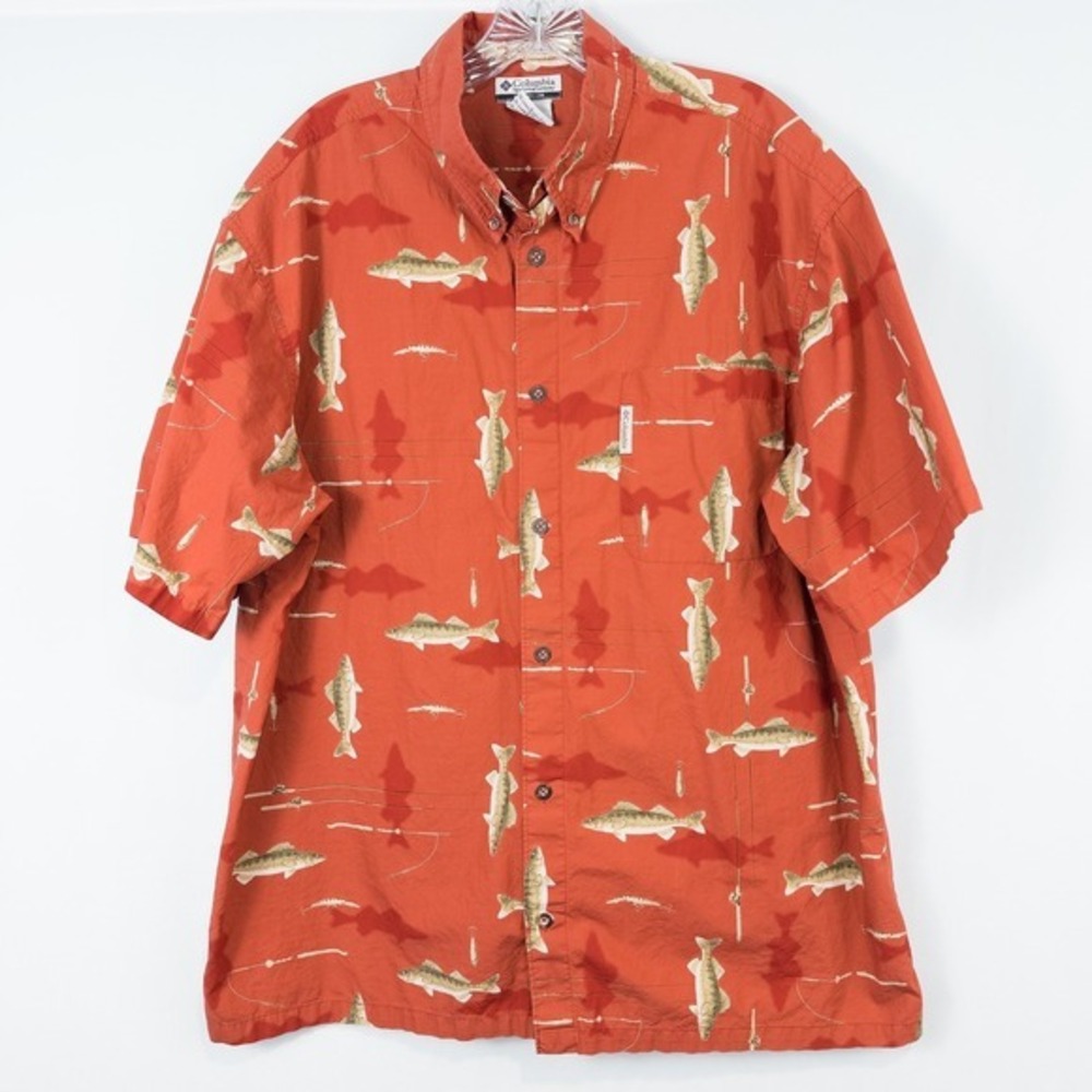 Columbia River Lodge Fish Print Short Sleeve Button Down Shirt XL Angler Walleye